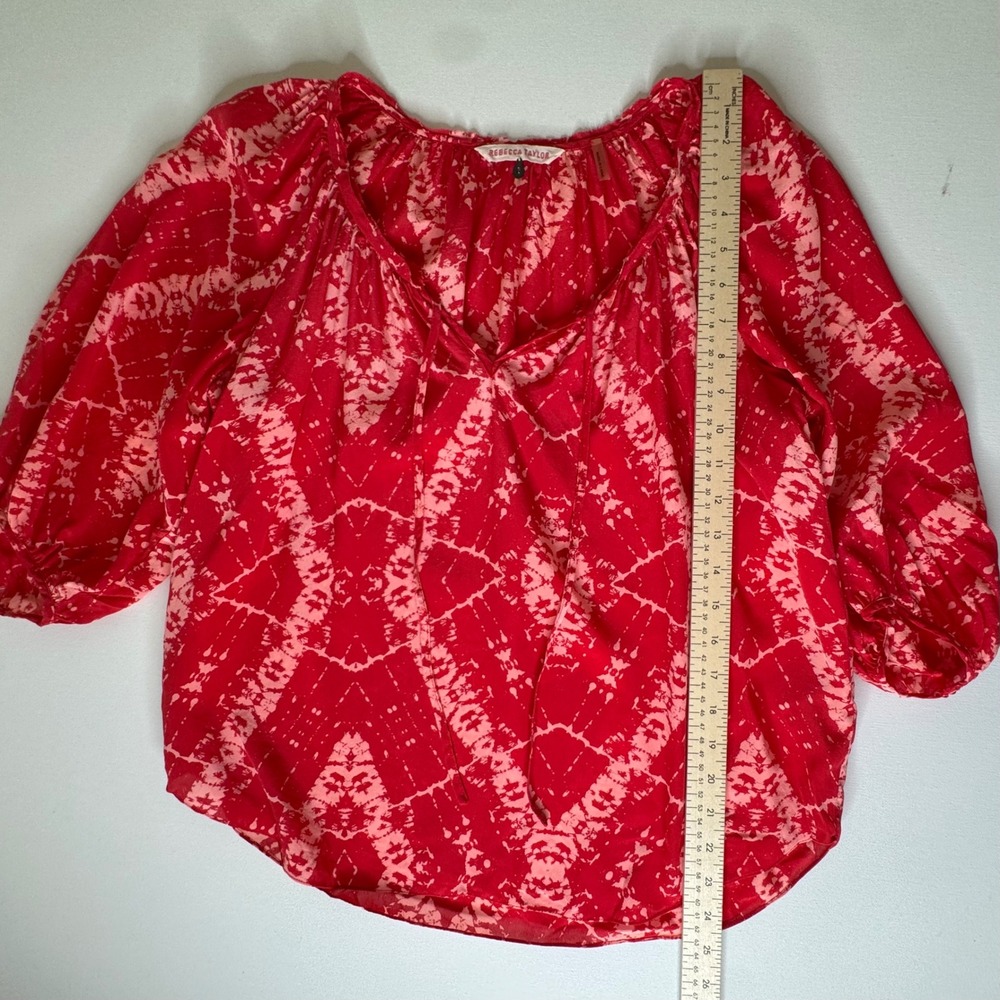 Rebecca Taylor 100% Silk Red Tie‎ Dye Print Blouse Size 6 Lightweight Sheer Chic - Picture 8 of 9